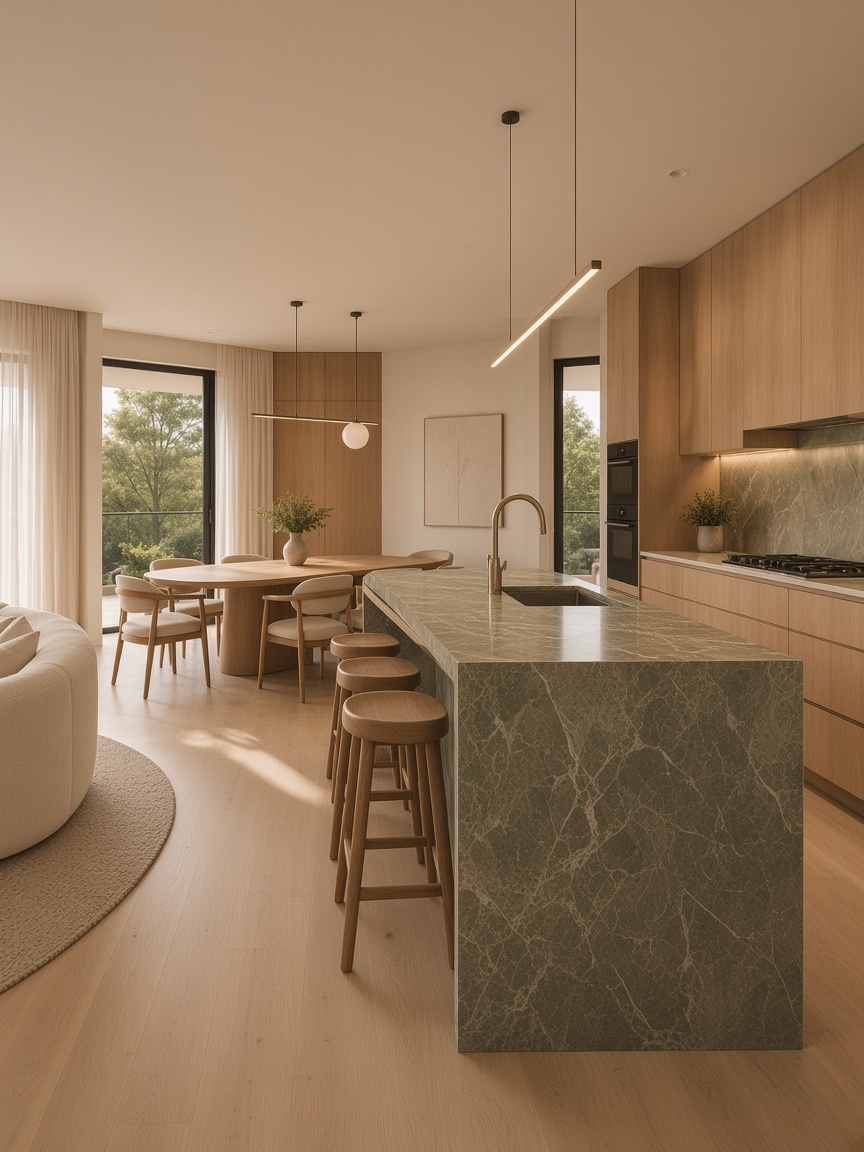 Kitchen and dining of the same home, with oak cabinetry and a stone island