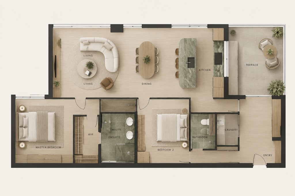 Furnished master design of the same home, with joinery, furniture, and material direction