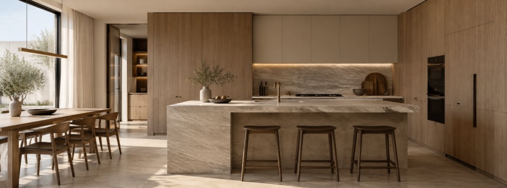 Warm timber kitchen with a stone island, full-height cabinetry and a dining table