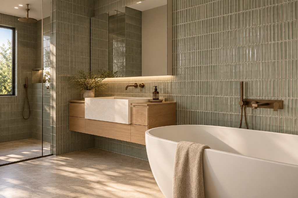 Calm Melbourne bathroom with a timber vanity, fluted tile and a freestanding bath