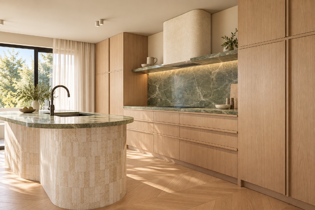 Contemporary Melbourne kitchen with a curved stone island, oak cabinetry and green marble