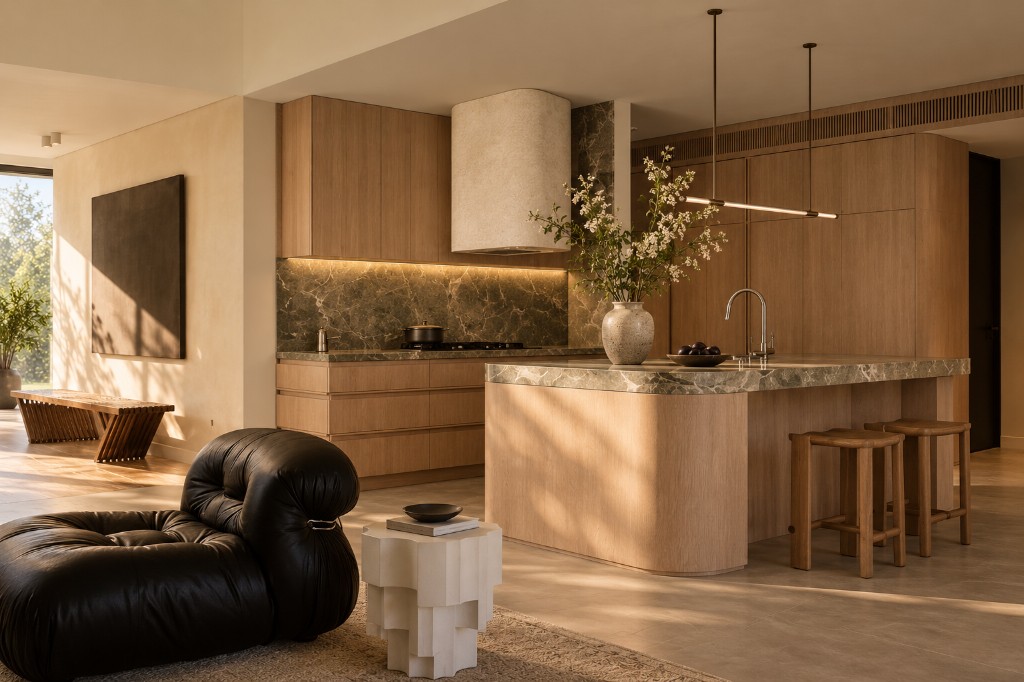 Whole-home Melbourne interior with oak cabinetry, stone and an open living space